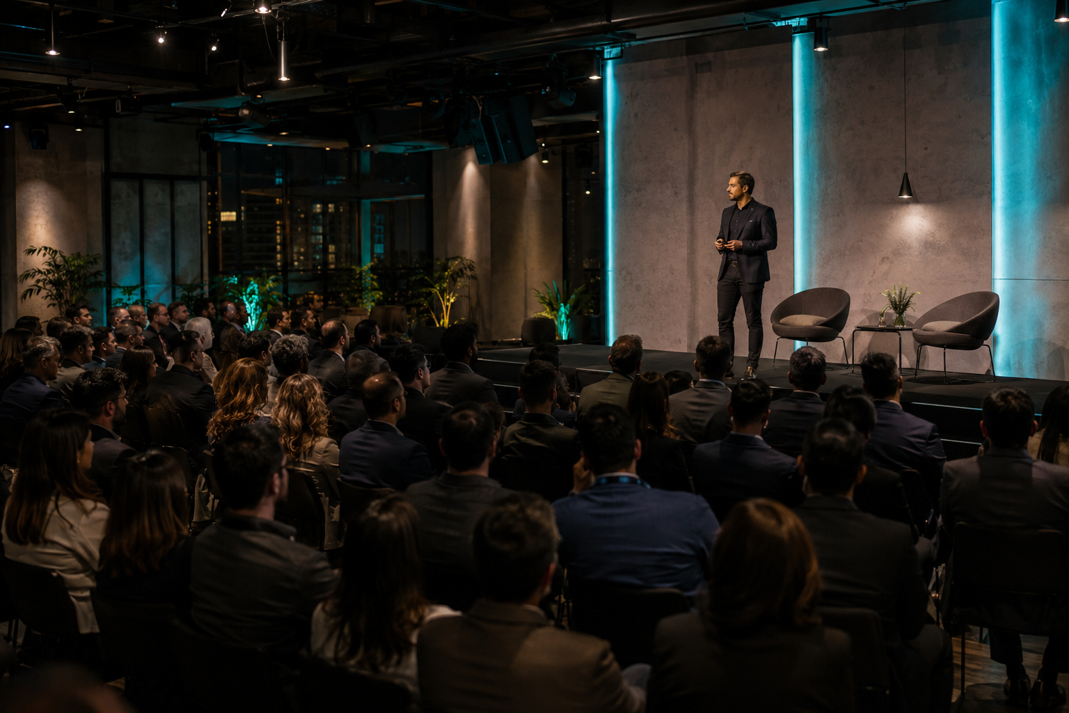 Evento corporativo com apresentação em palco